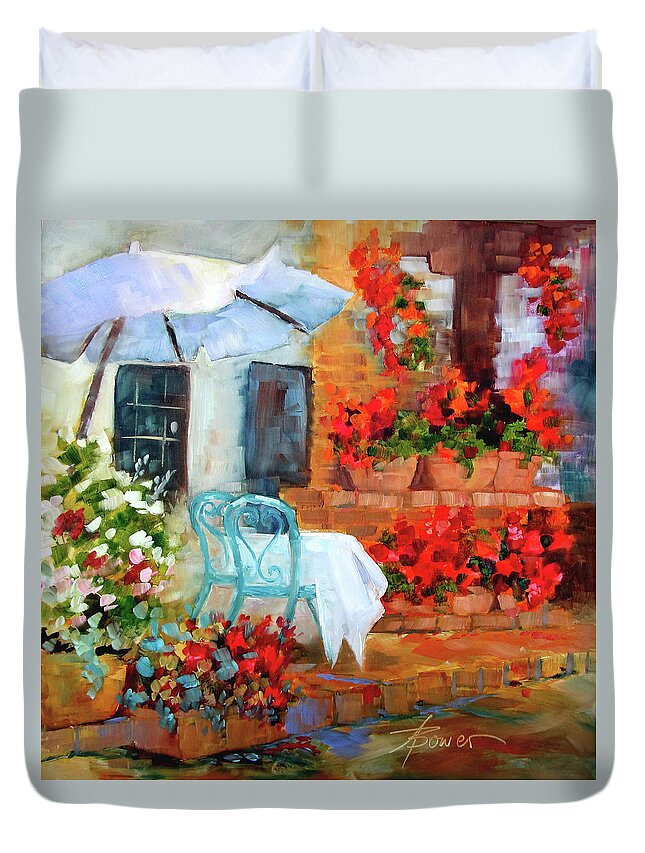 Tuscan Cafe Duvet Cover featuring the painting Sunny With A Light Breeze by Adele Bower