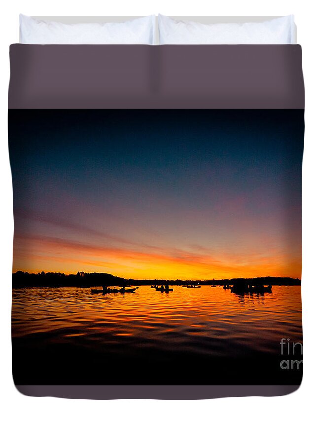 Waters Duvet Cover featuring the photograph Sunrise above lake water summer time #1 by Raimond Klavins