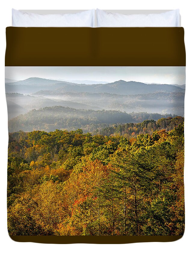 Foothills Parkway Duvet Cover featuring the photograph Sunrise over Great Smoky Mountains at Peak of Autumn Color #1 by Darrell Young