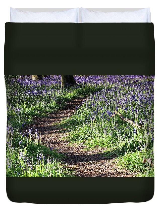 Norfolk Duvet Cover featuring the photograph Norfolk, England sunrise path through bluebell woods by Simon Bratt