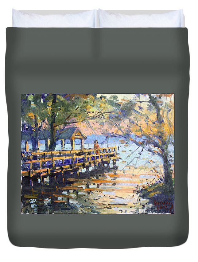 Sunset Duvet Cover featuring the painting Sunset at Fishermans Park by Ylli Haruni