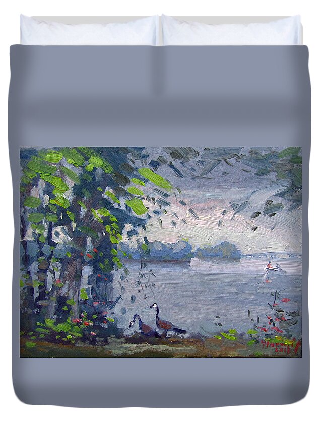 Sunset Duvet Cover featuring the painting Sunset at Goat Island by Ylli Haruni