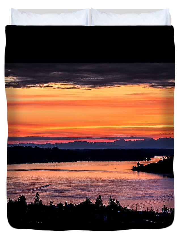 Sunset Duvet Cover featuring the photograph Sunset over Hail Passage on the Puget Sound #1 by Rob Green