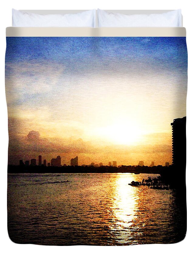 Sunset Duvet Cover featuring the digital art Sunset Over Miami #1 by Phil Perkins
