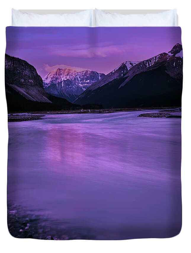The Sunwapta River In Jasper National Park Before Sunrise On A Summer Morning. Duvet Cover featuring the photograph Sunwapta River #1 by Dan Jurak