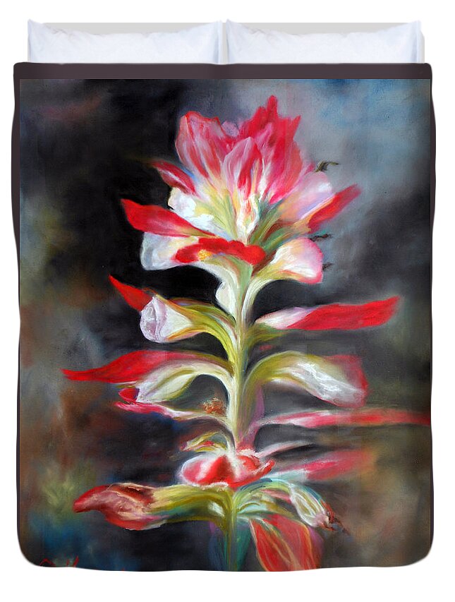 Paintings Texas Indian Paintbrush Wildflower Red Lupine Flower Pastel Floral Country Ranch Field Duvet Cover featuring the pastel Texas Indian Paintbrush by Karen Kennedy Chatham