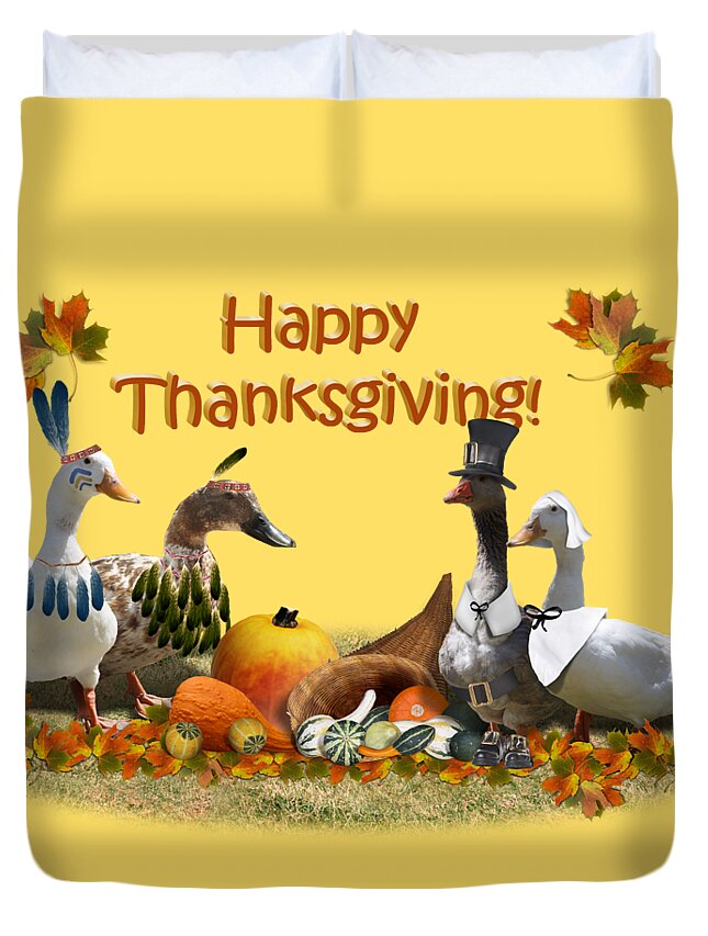 Thanksgiving Duvet Cover featuring the mixed media Thanksgiving Ducks #2 by Gravityx9 Designs