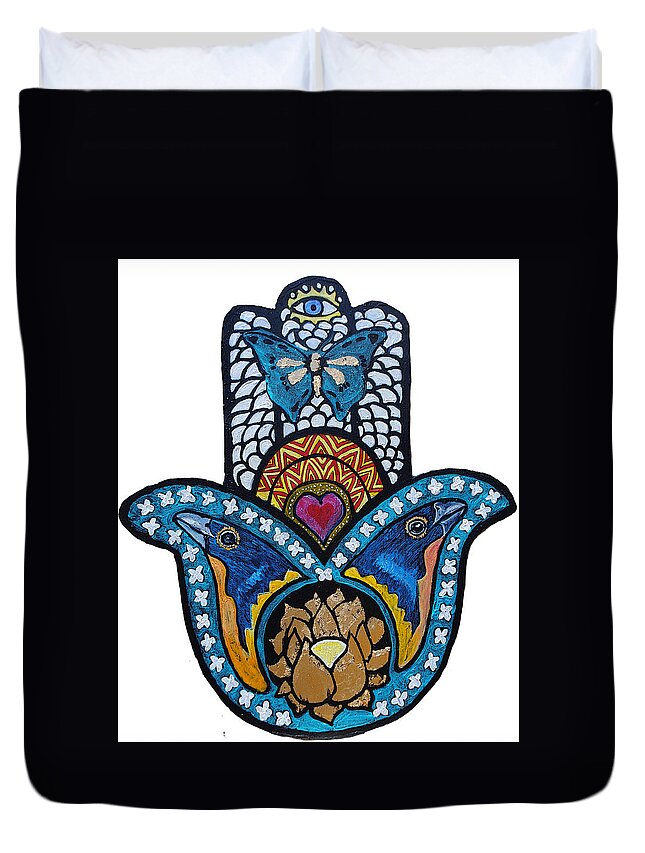 Hamsa Duvet Cover featuring the painting The Blue Bunting Hamsa by Patricia Arroyo