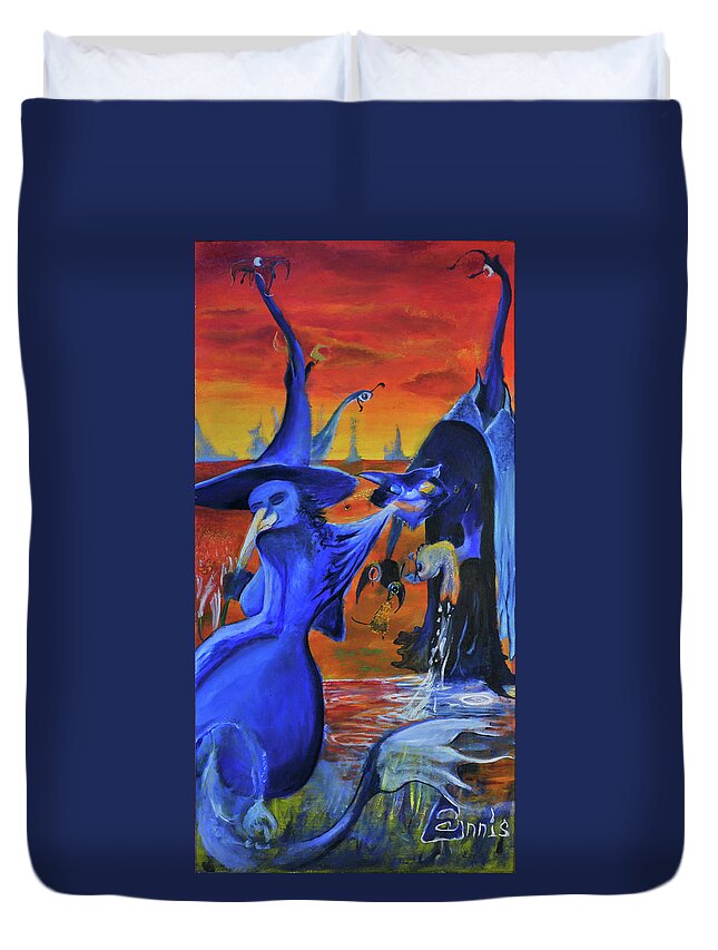 Ennis Duvet Cover featuring the painting The Cat And The Witch #1 by Christophe Ennis