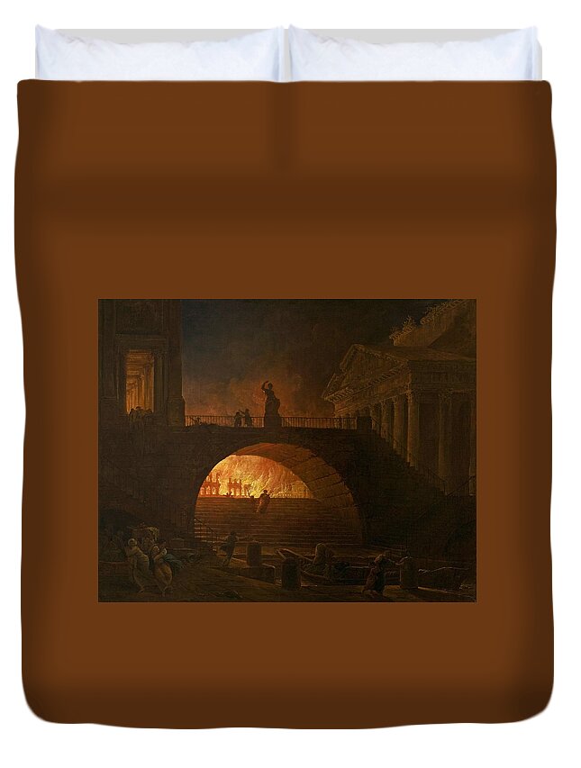 Hubert Robert Duvet Cover featuring the painting The Fire of Rome by Hubert Robert