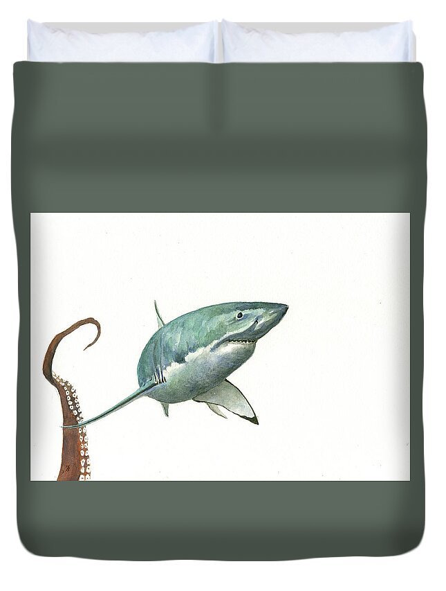 White Shark Art Duvet Cover featuring the painting The Great white shark and the octopus by Juan Bosco