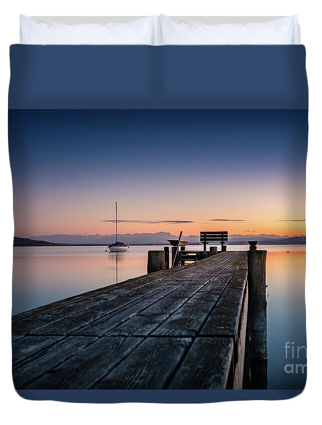Ammersee Duvet Cover featuring the photograph The jetty to sunset by Hannes Cmarits