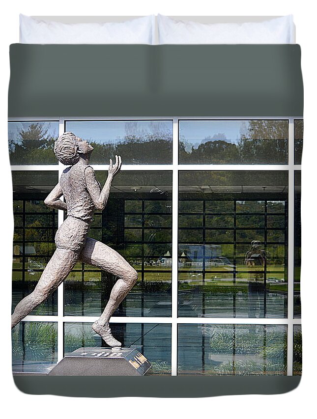Statue Duvet Cover featuring the photograph The Runner #1 by AJ Schibig