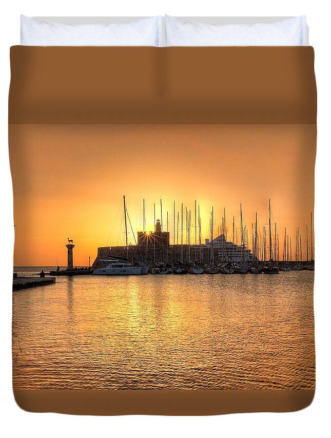 Aegean Duvet Cover featuring the photograph The sunrise at the old port of Rhodes - Greece #1 by Constantinos Iliopoulos