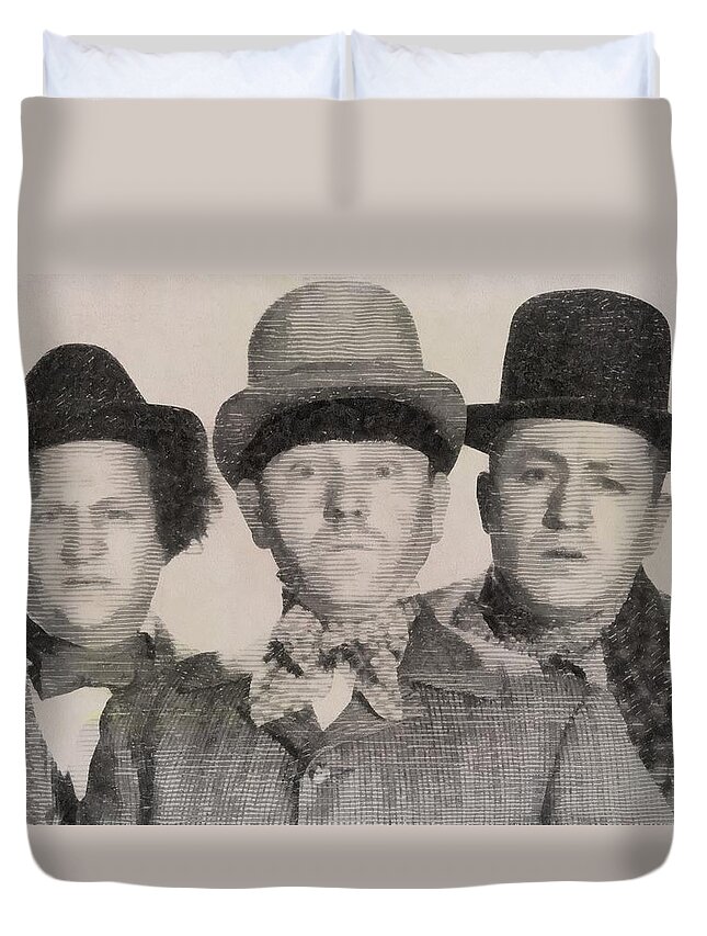 Three Duvet Cover featuring the drawing The Three Stooges Hollywood Legends #3 by Esoterica Art Agency