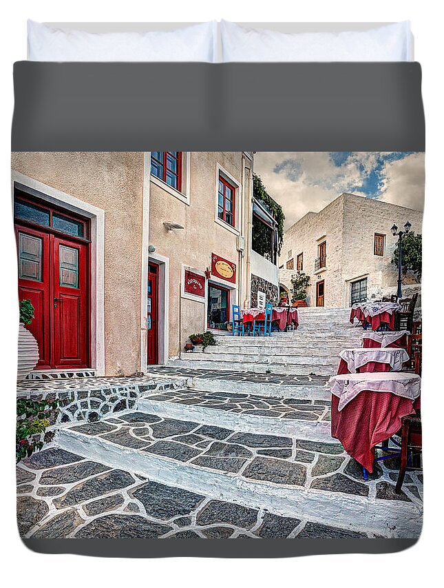 Milos Duvet Cover featuring the photograph The village of Plaka in Milos - Greece #1 by Constantinos Iliopoulos