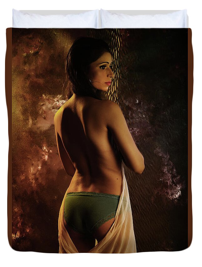 Seductive Duvet Cover featuring the photograph Topless nude showing back #1 by Kiran Joshi
