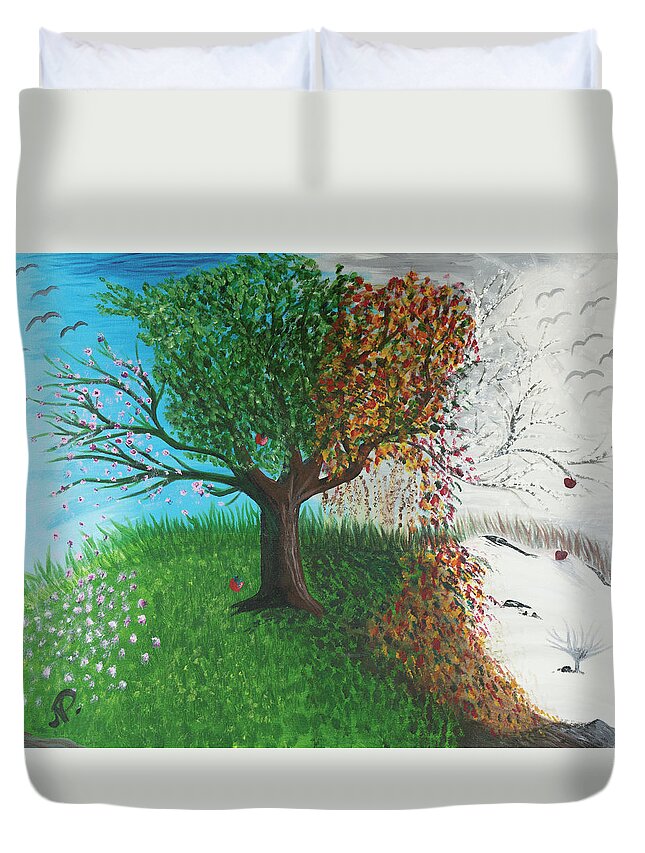 Nature Duvet Cover featuring the painting Tree of Four Seasons by Nicole Paquette