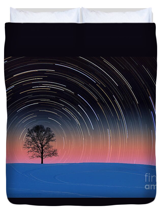 Composite Duvet Cover featuring the photograph Tree With Star Trails #1 by Larry Landolfi