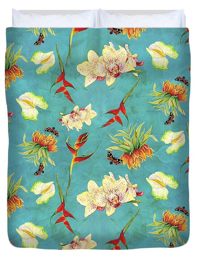 Orchid Duvet Cover featuring the painting Tropical Island Floral Half Drop Pattern by Audrey Jeanne Roberts