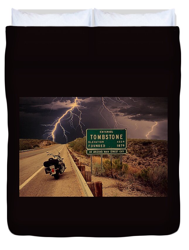 Tombstone Arizona Duvet Cover featuring the digital art Trouble In Tombstone by Gary Baird