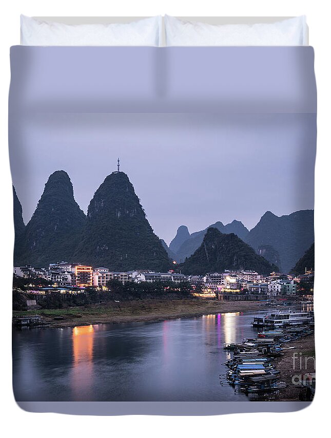 China - East Asia Duvet Cover featuring the photograph Twilight over the Lijang river in Yangshuo #1 by Didier Marti