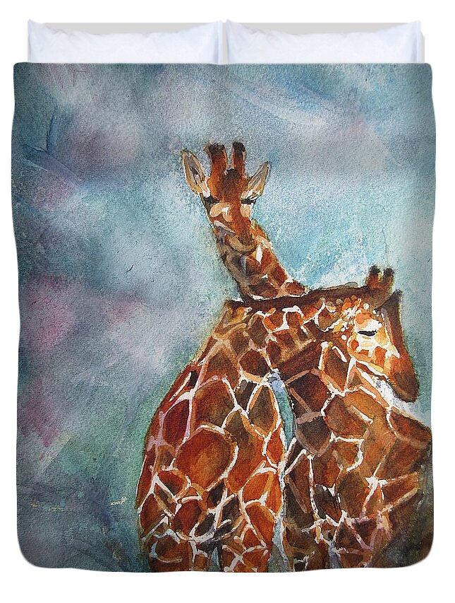 Two Giraffes Duvet Cover featuring the painting Two Giraffes by Denice Palanuk Wilson