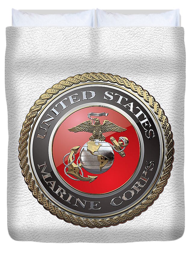 'usmc' Collection By Serge Averbukh Duvet Cover featuring the digital art U. S. Marine Corps - U S M C Emblem over White Leather by Serge Averbukh