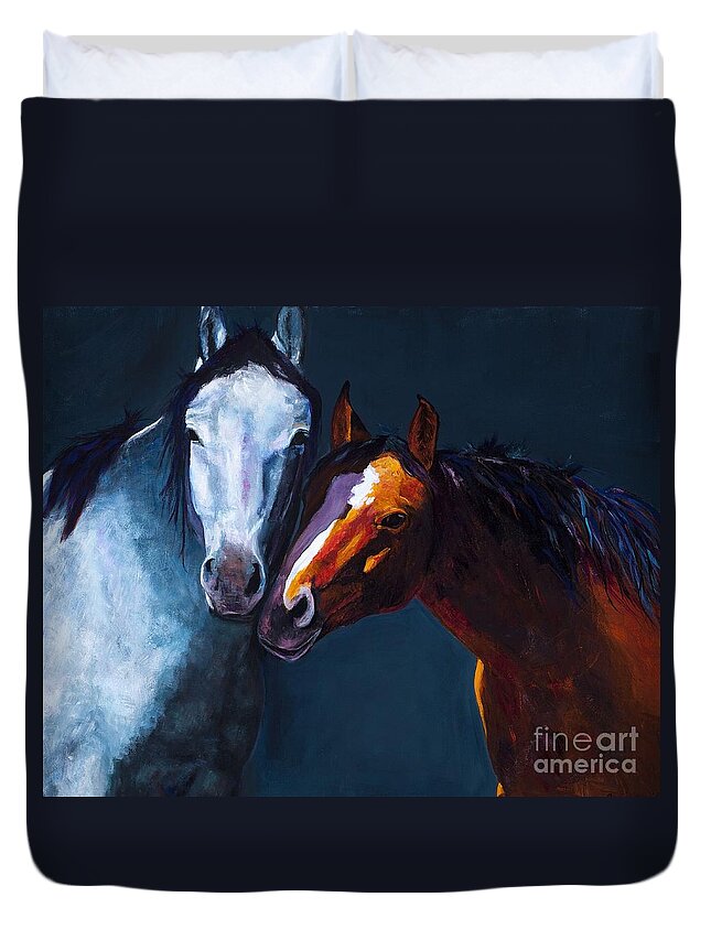 Horses Duvet Cover featuring the painting Unbridled Love by Frances Marino