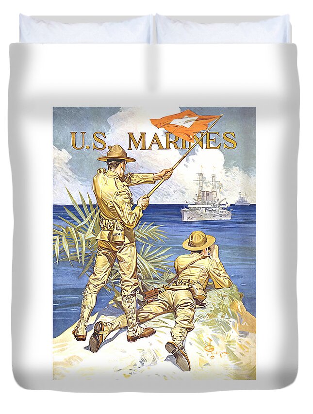 Marines Duvet Cover featuring the painting US Marines - WW1 by War Is Hell Store
