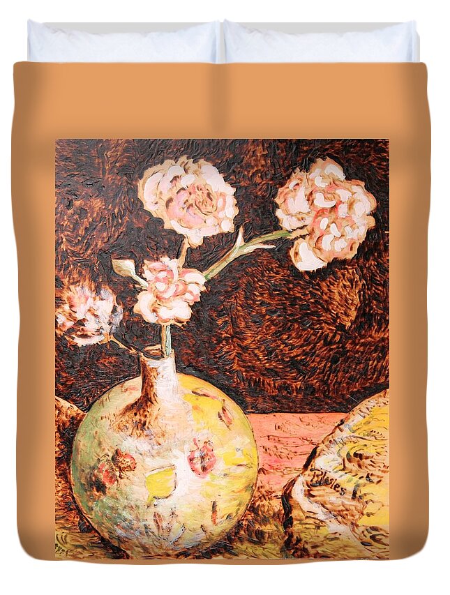 Vase With Flowers Duvet Cover featuring the painting Vase with Flowers #1 by Richard Jules
