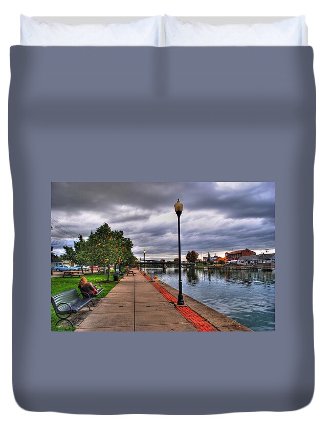  Duvet Cover featuring the photograph View of Delaware Bridge at Erie Canal Harbor #1 by Michael Frank Jr