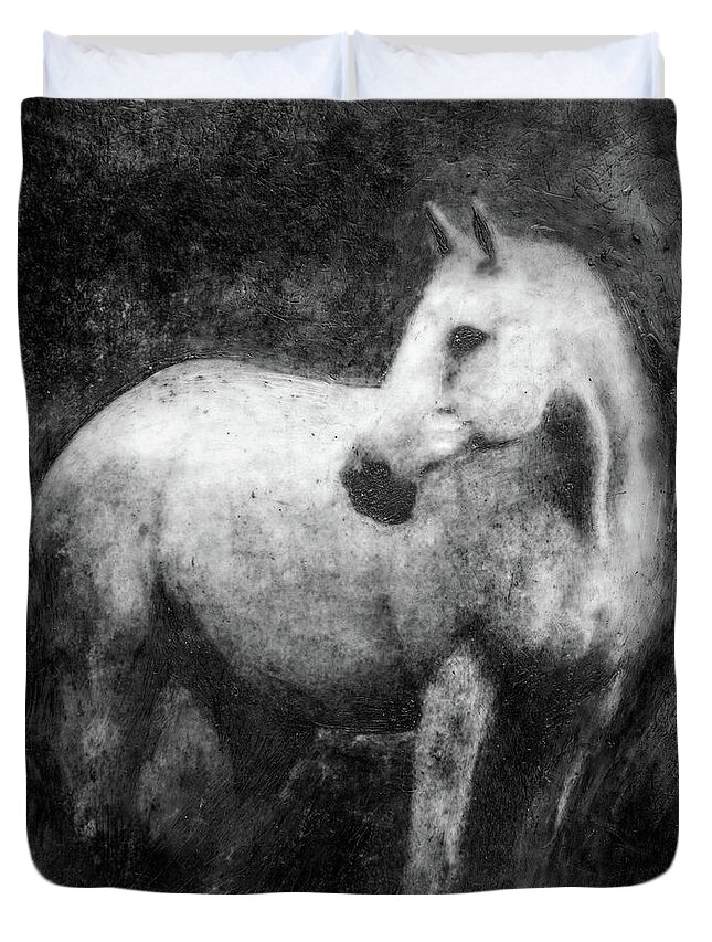 Horse Duvet Cover featuring the mixed media White Horse Portrait by Roseanne Jones