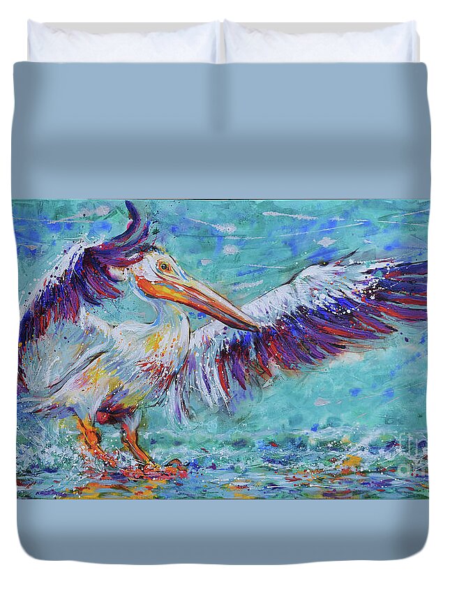  Duvet Cover featuring the painting White Pelican Splendid Landing by Jyotika Shroff