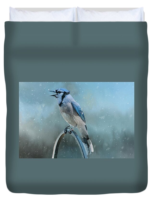 Blue Jay Duvet Cover featuring the photograph Winter Blue Jay #1 by Cathy Kovarik