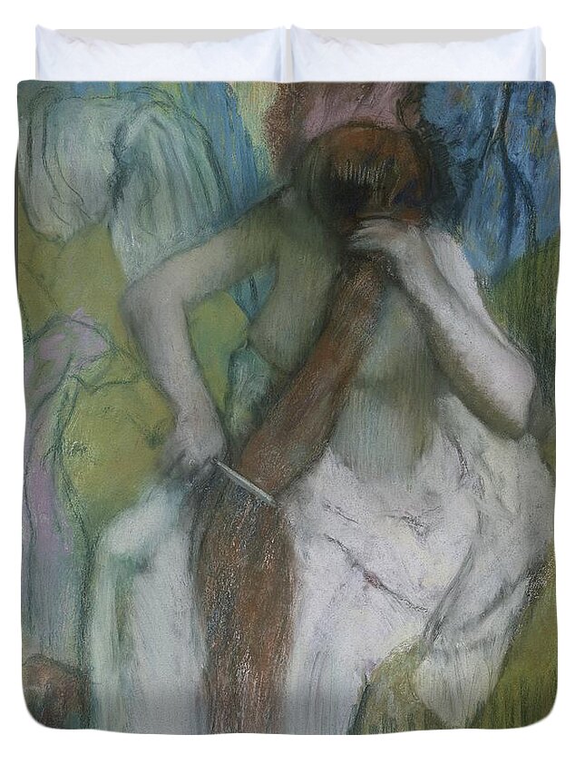 Female Duvet Cover featuring the pastel Woman Combing her Hair by Edgar Degas