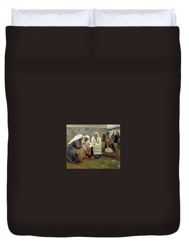 Albert Edelfelt Duvet Cover featuring the painting Women Outside the Church at Ruokolahti by MotionAge Designs