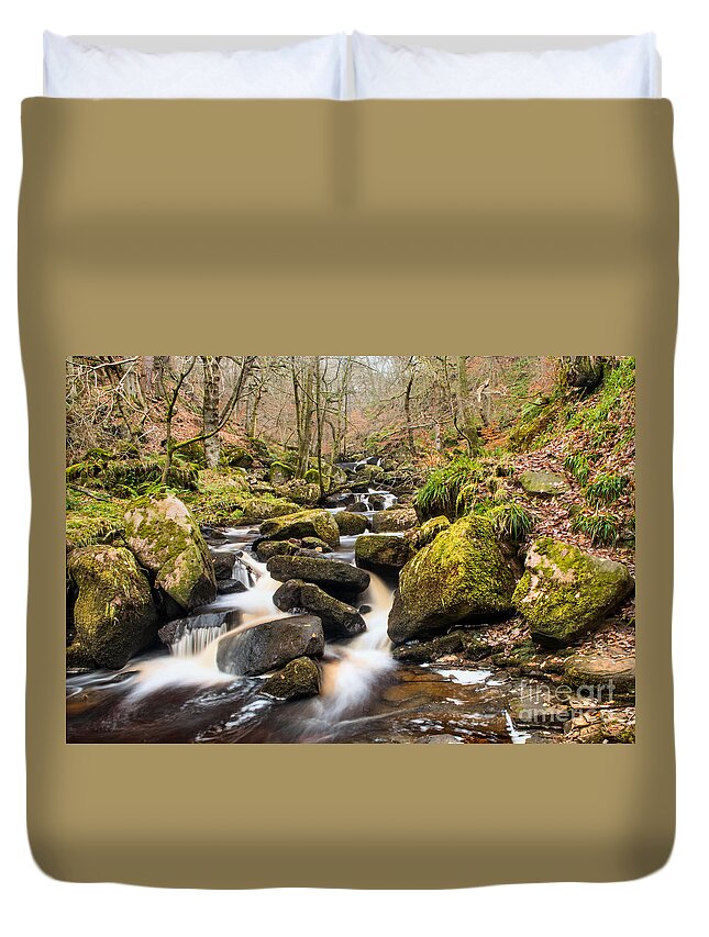 Stream - Cascade - Waterfall - Rocks - Moss - Stream - Trees - Woods Duvet Cover featuring the photograph Woodland Stream #1 by Chris Horsnell
