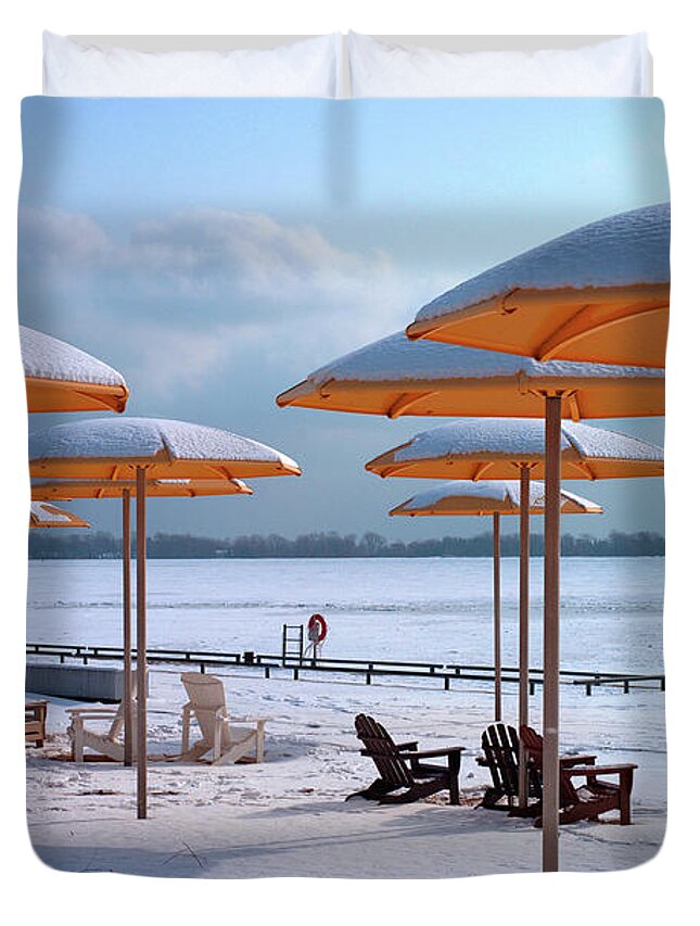 Toronto Duvet Cover featuring the digital art Yellow Parasols by Nicky Jameson