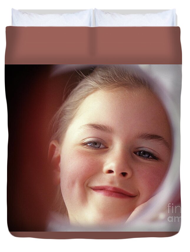 Child Duvet Cover featuring the photograph Young Girl Smiling in Mirror #1 by Jim Corwin