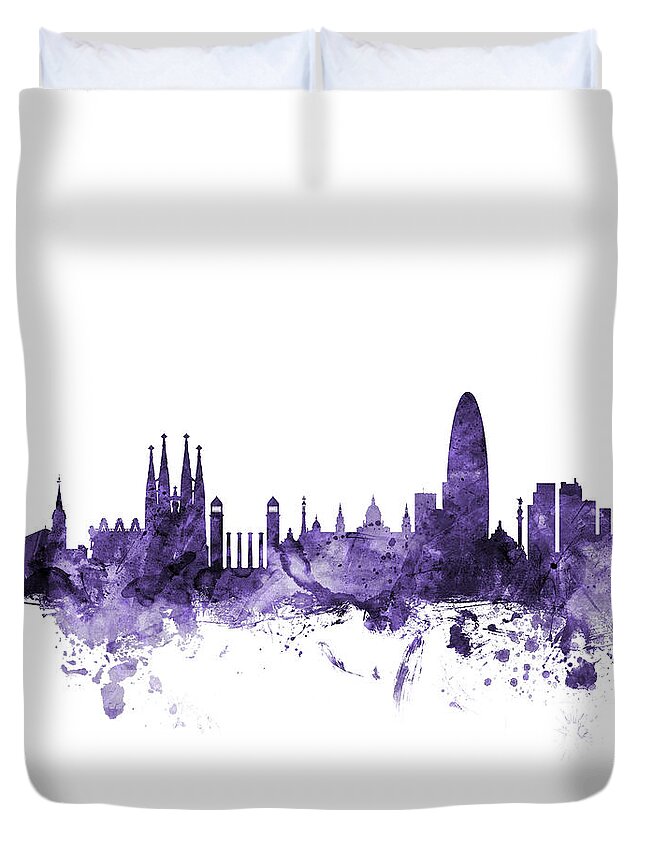 Barcelona Duvet Cover featuring the digital art Barcelona Spain Skyline by Michael Tompsett