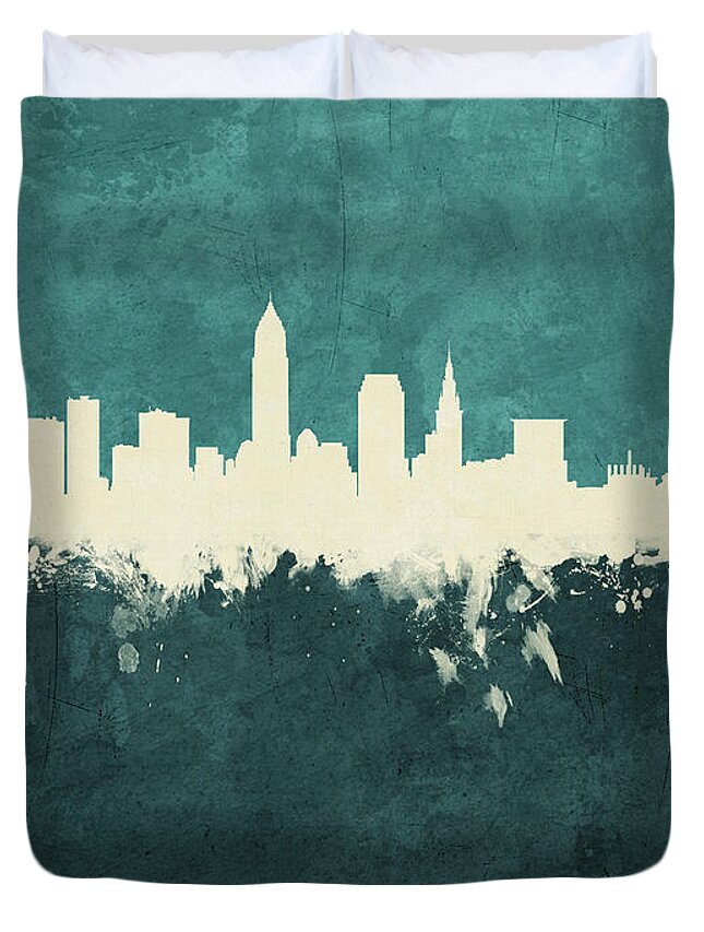 Cleveland Duvet Cover featuring the digital art Cleveland Ohio Skyline by Michael Tompsett