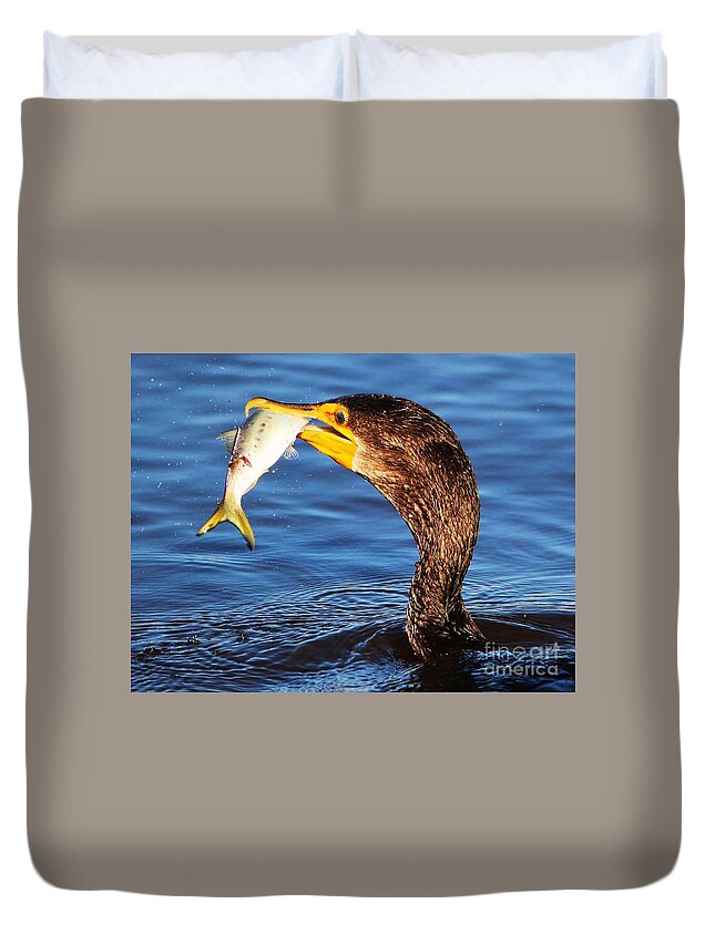 Egret Duvet Cover featuring the photograph What A Catch #13 by Paulette Thomas