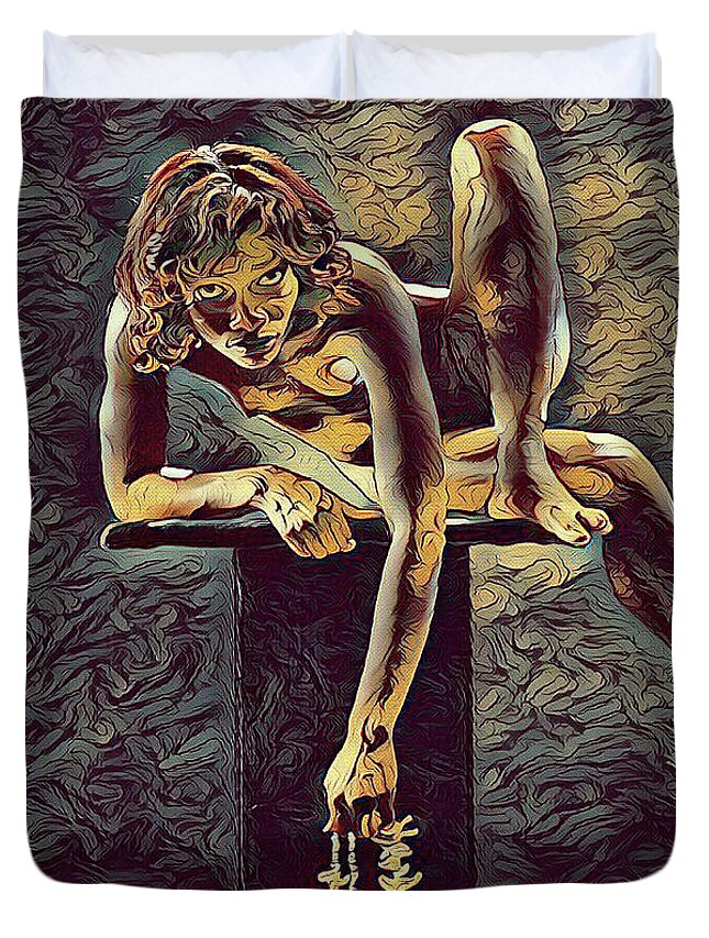 Fine Art Nude Duvet Cover featuring the digital art 1003s-ZAC Necklace of Bones Held by Beautiful Nude Dancer by Chris Maher