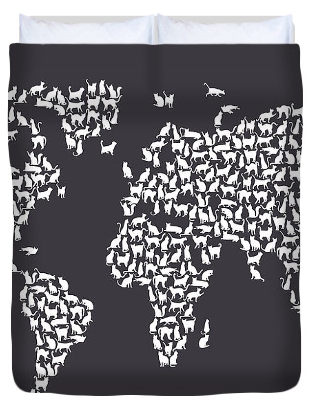 World Map Duvet Cover featuring the digital art Cats Map of the World Map #11 by Michael Tompsett