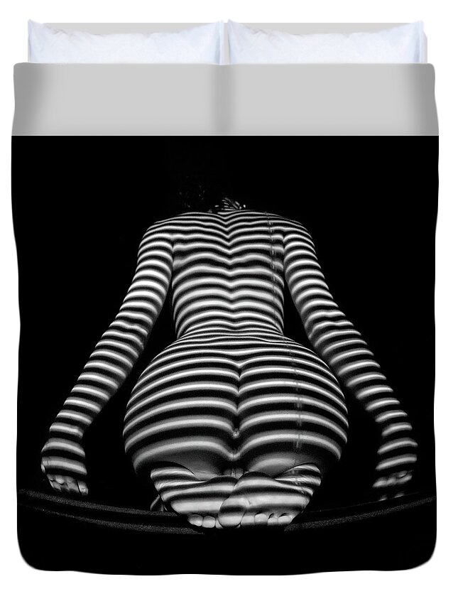 Zebra Woman Duvet Cover featuring the photograph 1249-MAK Zebra Woman Rear View Striped Sexy Nude by Chris Maher