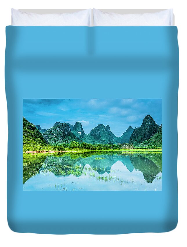 Karst Duvet Cover featuring the photograph Karst rural scenery in raining #125 by Carl Ning
