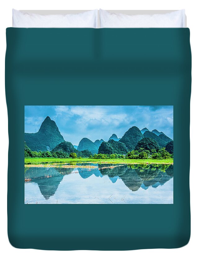 Karst Duvet Cover featuring the photograph Karst rural scenery in raining #126 by Carl Ning