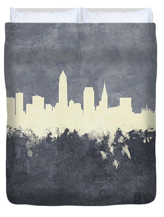 Cleveland Duvet Cover featuring the digital art Cleveland Ohio Skyline #13 by Michael Tompsett