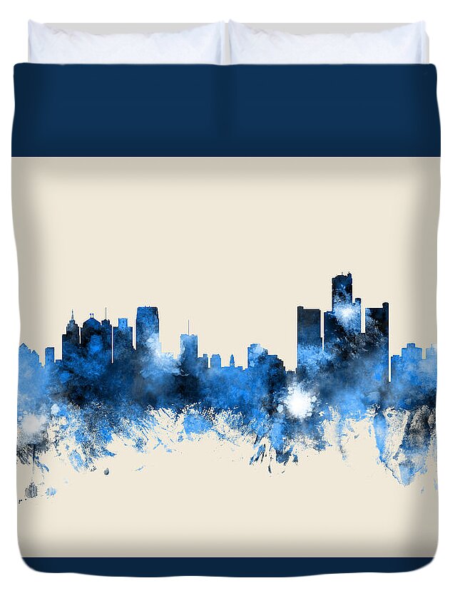 Detroit Duvet Cover featuring the digital art Detroit Michigan Skyline by Michael Tompsett